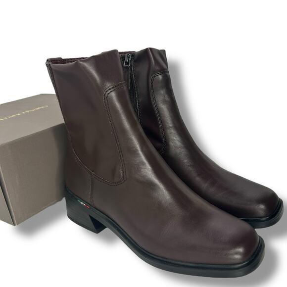 NEW Franco Sarto Brown Leather Booties Size 6.5 Ankle Boot Square Toe Low Sleek - Picture 1 of 11
